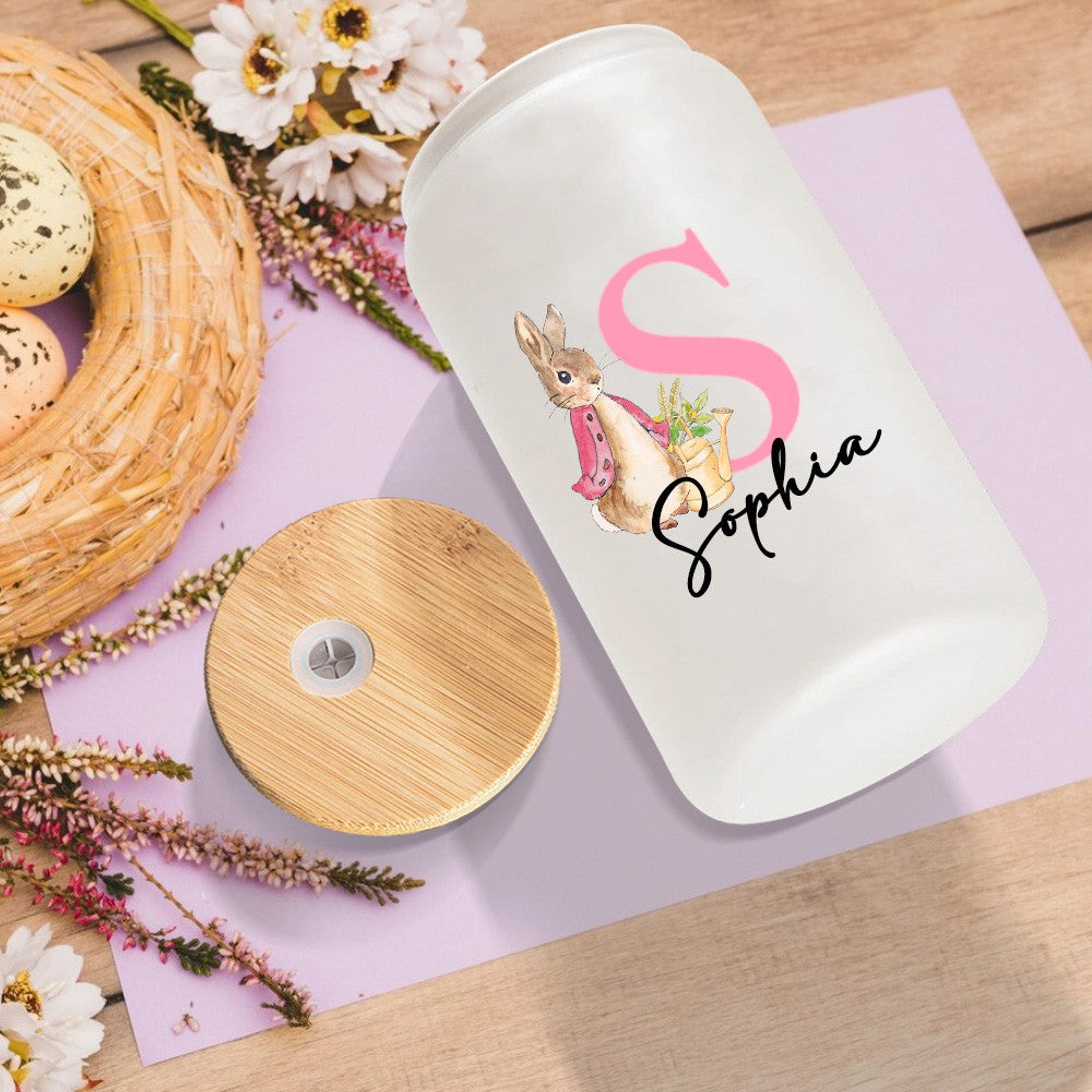 Personalized Name Easter Bunny Glass Cup, Frosted Glass Tumbler with Bamboo Lid and Straw, Iced Coffee Cup, Birthday/Easter Gift for Kids/Family/Her