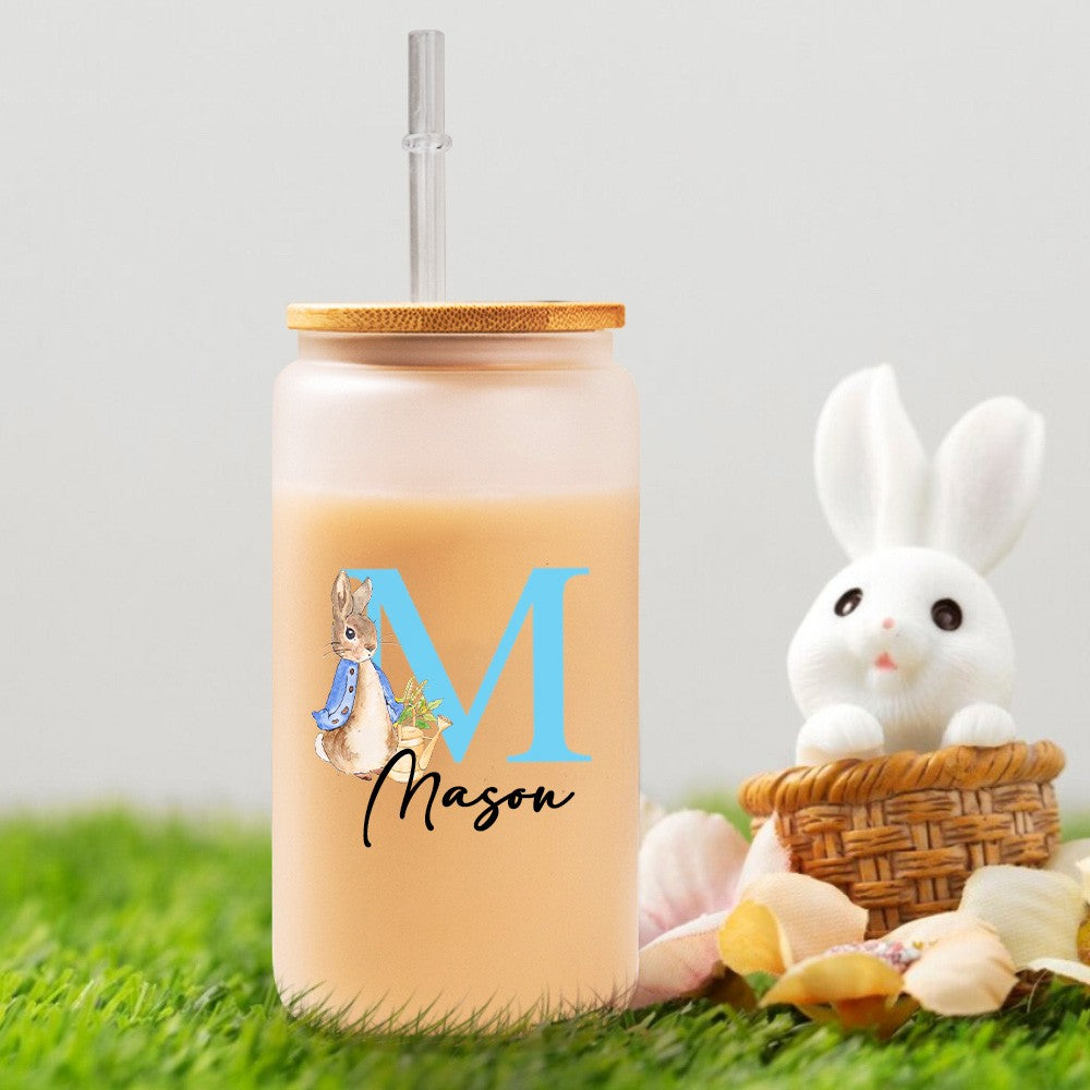 Personalized Name Easter Bunny Glass Cup, Frosted Glass Tumbler with Bamboo Lid and Straw, Iced Coffee Cup, Birthday/Easter Gift for Kids/Family/Her