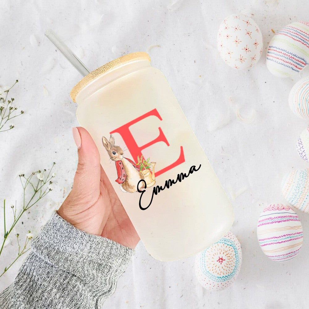 Personalized Name Easter Bunny Glass Cup, Frosted Glass Tumbler with Bamboo Lid and Straw, Iced Coffee Cup, Birthday/Easter Gift for Kids/Family/Her