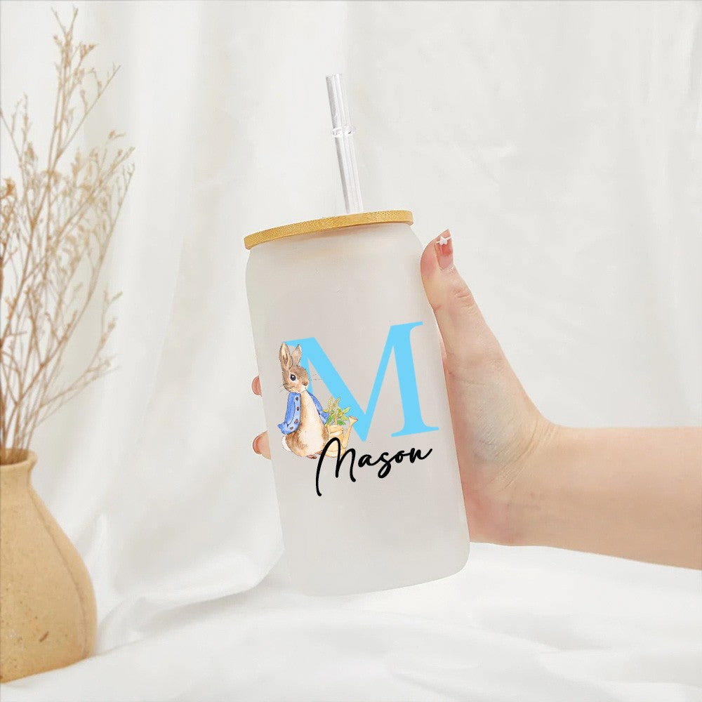 Personalized Name Easter Bunny Glass Cup, Frosted Glass Tumbler with Bamboo Lid and Straw, Iced Coffee Cup, Birthday/Easter Gift for Kids/Family/Her