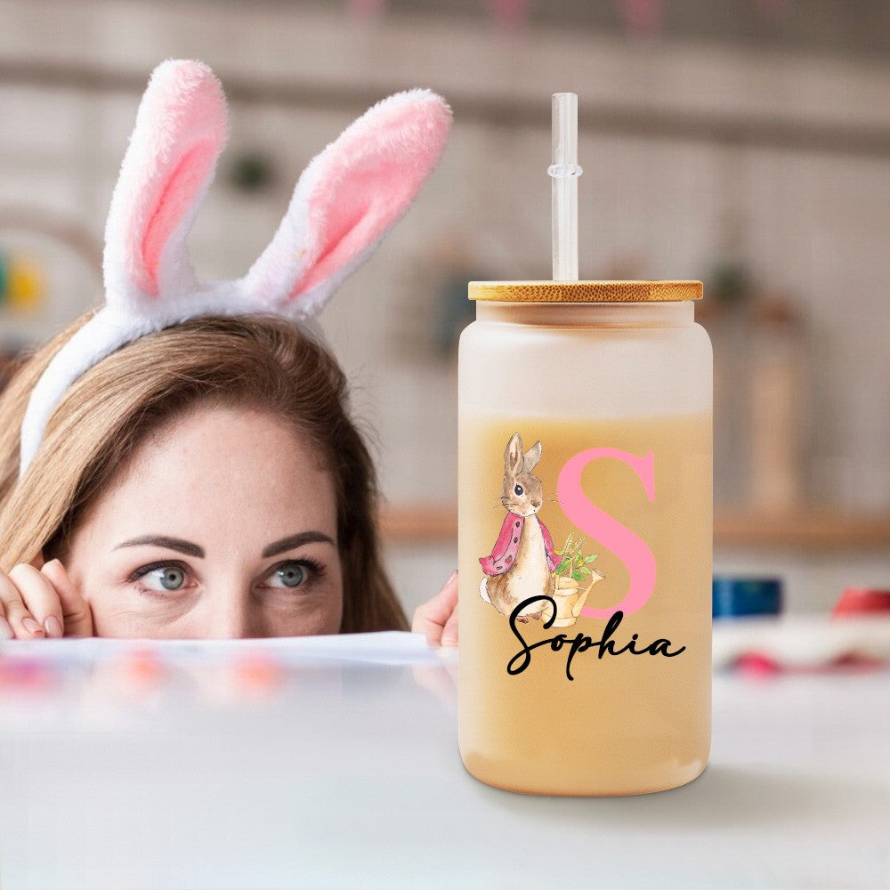 Personalized Name Easter Bunny Glass Cup, Frosted Glass Tumbler with Bamboo Lid and Straw, Iced Coffee Cup, Birthday/Easter Gift for Kids/Family/Her