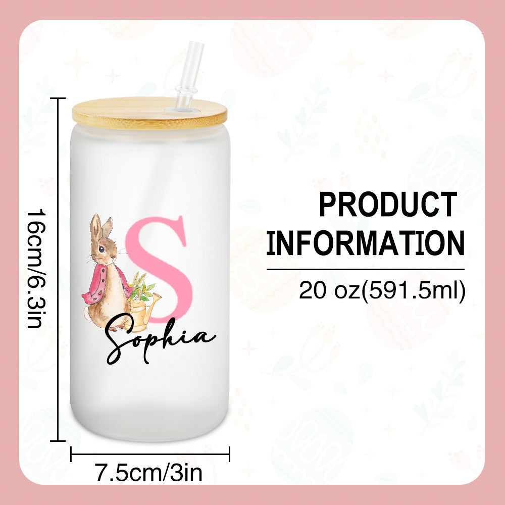 Personalized Name Easter Bunny Glass Cup, Frosted Glass Tumbler with Bamboo Lid and Straw, Iced Coffee Cup, Birthday/Easter Gift for Kids/Family/Her