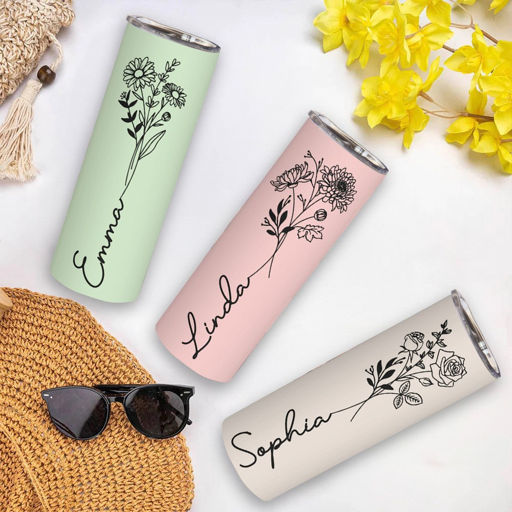 Custom Name Birth Flower Tumbler, Stainless Steel 20oz Birth Flower Travel Mug with Straw, Birthday/Mother's Day Gift for Family/Friends/Bridesmaids