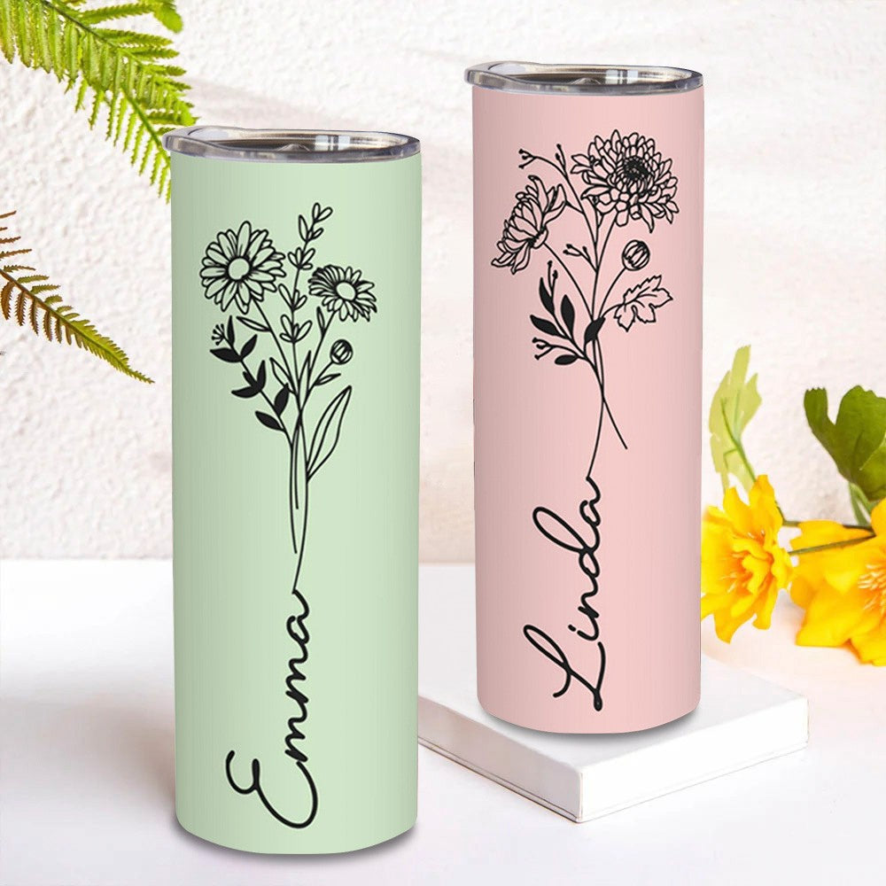Custom Name Birth Flower Tumbler, Stainless Steel 20oz Birth Flower Travel Mug with Straw, Birthday/Mother's Day Gift for Family/Friends/Bridesmaids