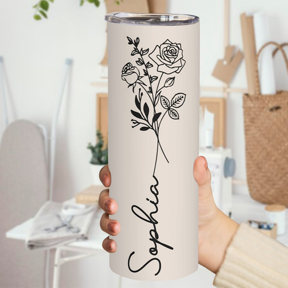 Custom Name Birth Flower Tumbler, Stainless Steel 20oz Birth Flower Travel Mug with Straw, Birthday/Mother's Day Gift for Family/Friends/Bridesmaids