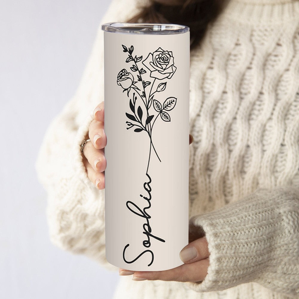 Custom Name Birth Flower Tumbler, Stainless Steel 20oz Birth Flower Travel Mug with Straw, Birthday/Mother's Day Gift for Family/Friends/Bridesmaids