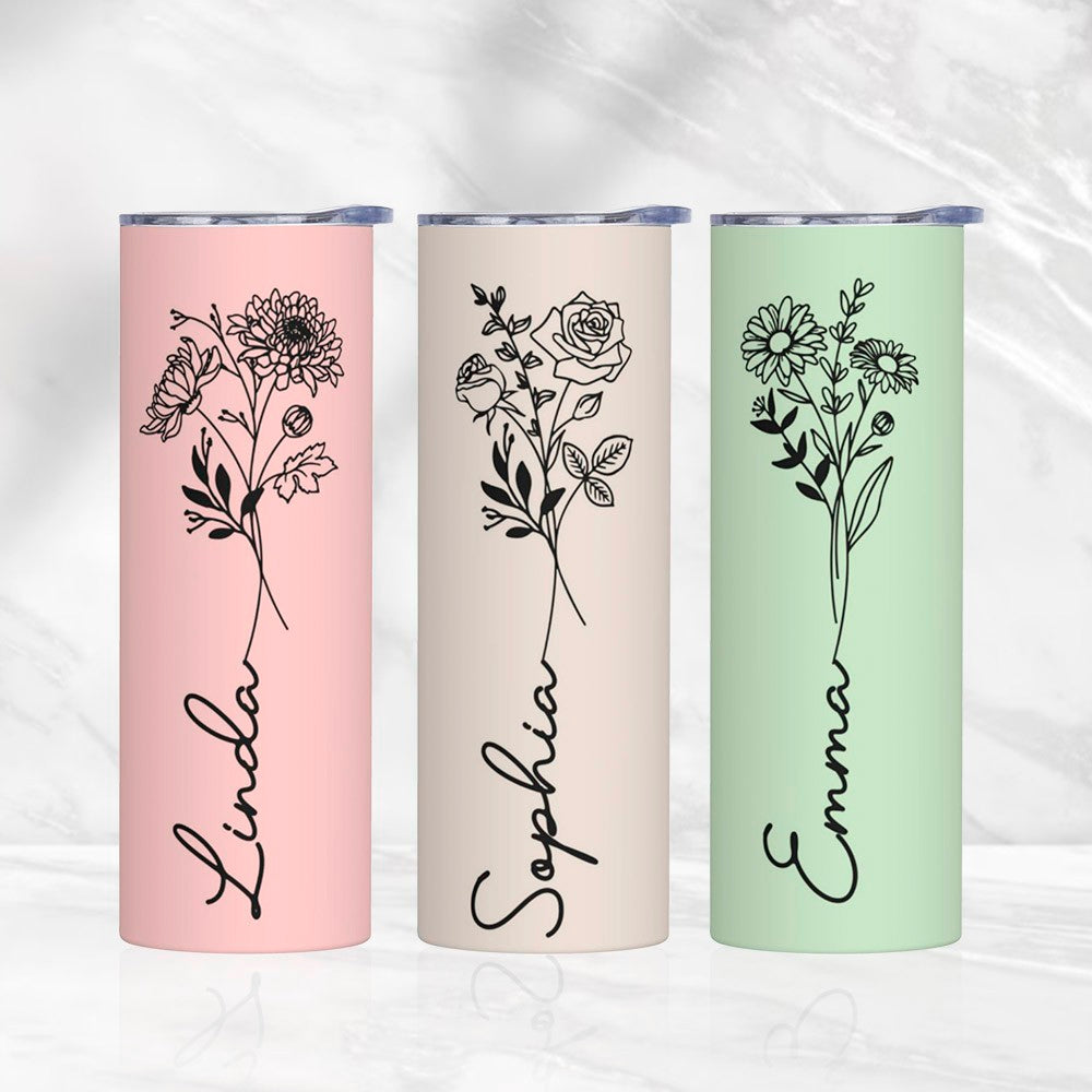 Custom Name Birth Flower Tumbler, Stainless Steel 20oz Birth Flower Travel Mug with Straw, Birthday/Mother's Day Gift for Family/Friends/Bridesmaids