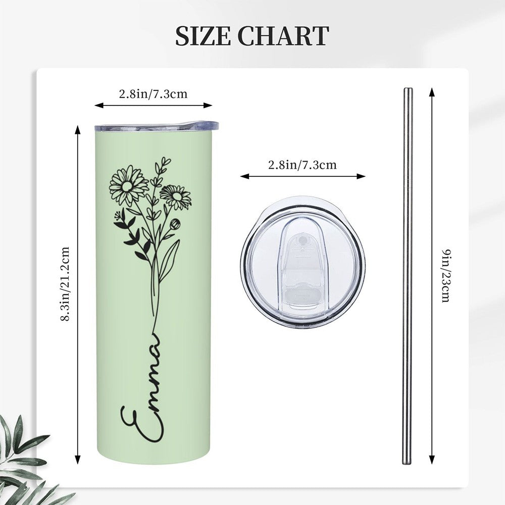 Custom Name Birth Flower Tumbler, Stainless Steel 20oz Birth Flower Travel Mug with Straw, Birthday/Mother's Day Gift for Family/Friends/Bridesmaids