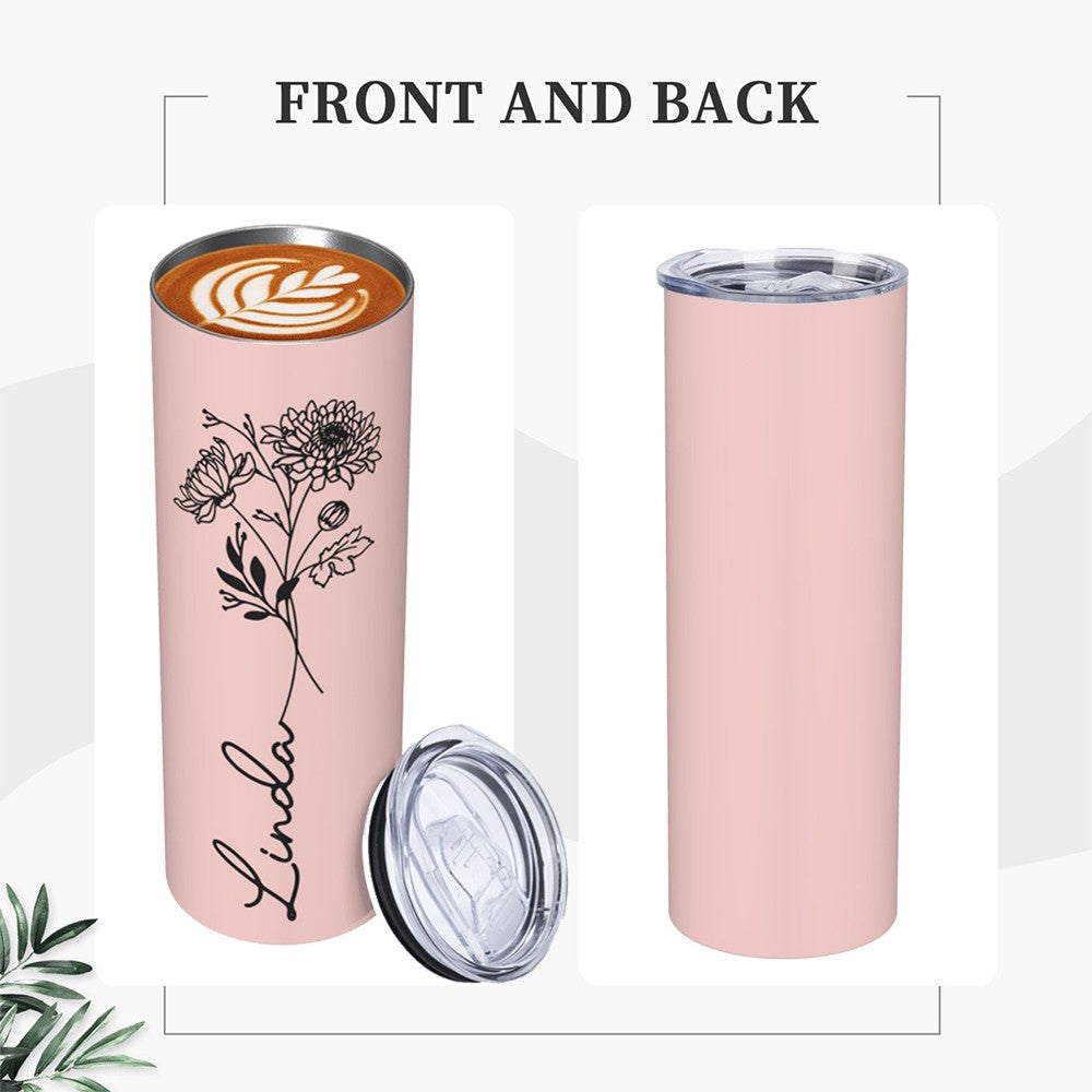 Custom Name Birth Flower Tumbler, Stainless Steel 20oz Birth Flower Travel Mug with Straw, Birthday/Mother's Day Gift for Family/Friends/Bridesmaids