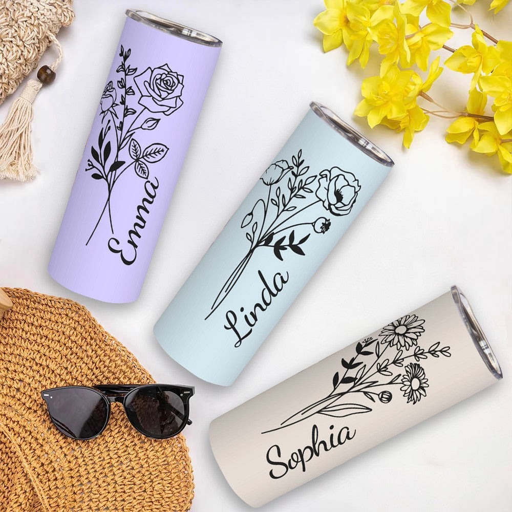 Personalized Birth Flower Tumbler, Stainless Steel 20oz Birth Flower Travel Mug with Straw, Birthday/Mother's Day Gift for Family/Friends/Bridesmaids