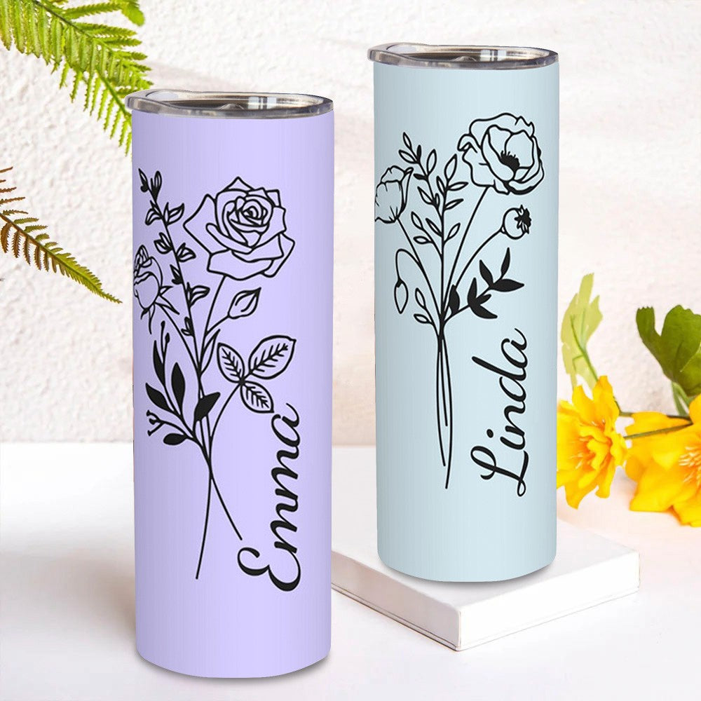 Personalized Birth Flower Tumbler, Stainless Steel 20oz Birth Flower Travel Mug with Straw, Birthday/Mother's Day Gift for Family/Friends/Bridesmaids