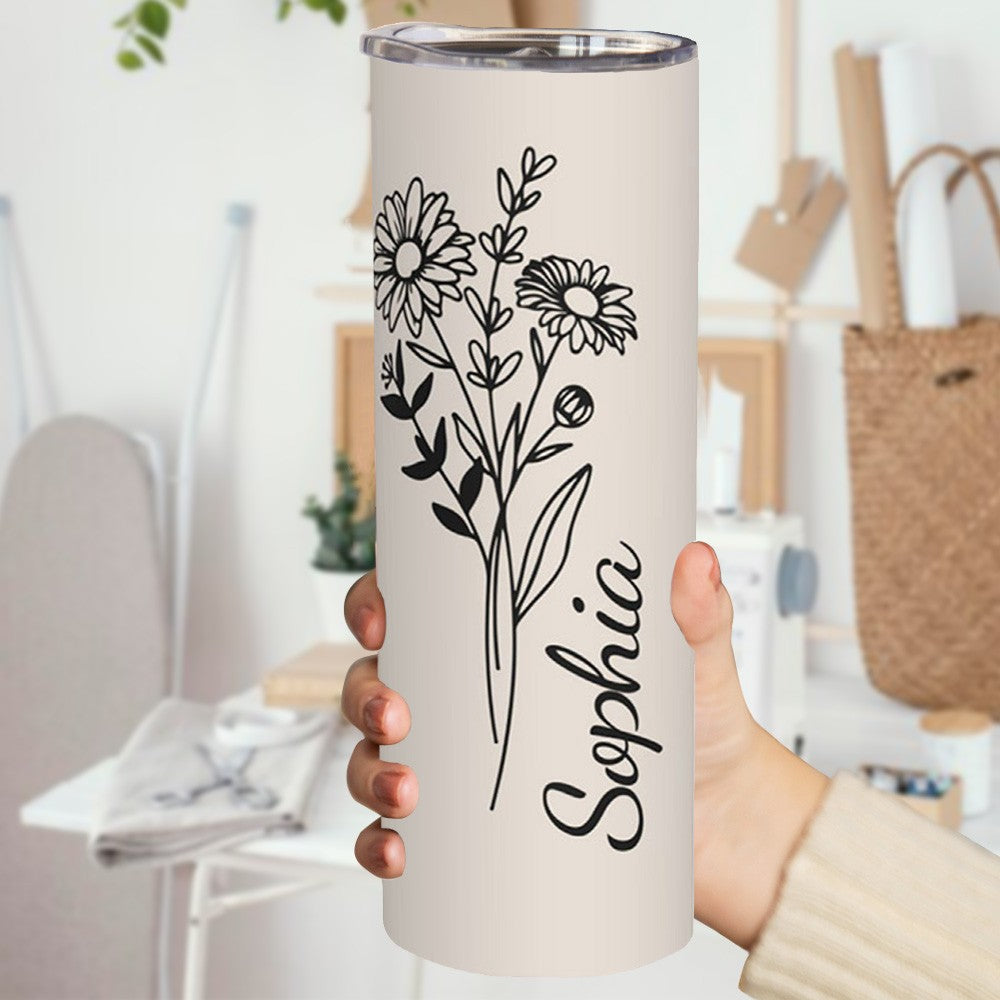 Personalized Birth Flower Tumbler, Stainless Steel 20oz Birth Flower Travel Mug with Straw, Birthday/Mother's Day Gift for Family/Friends/Bridesmaids