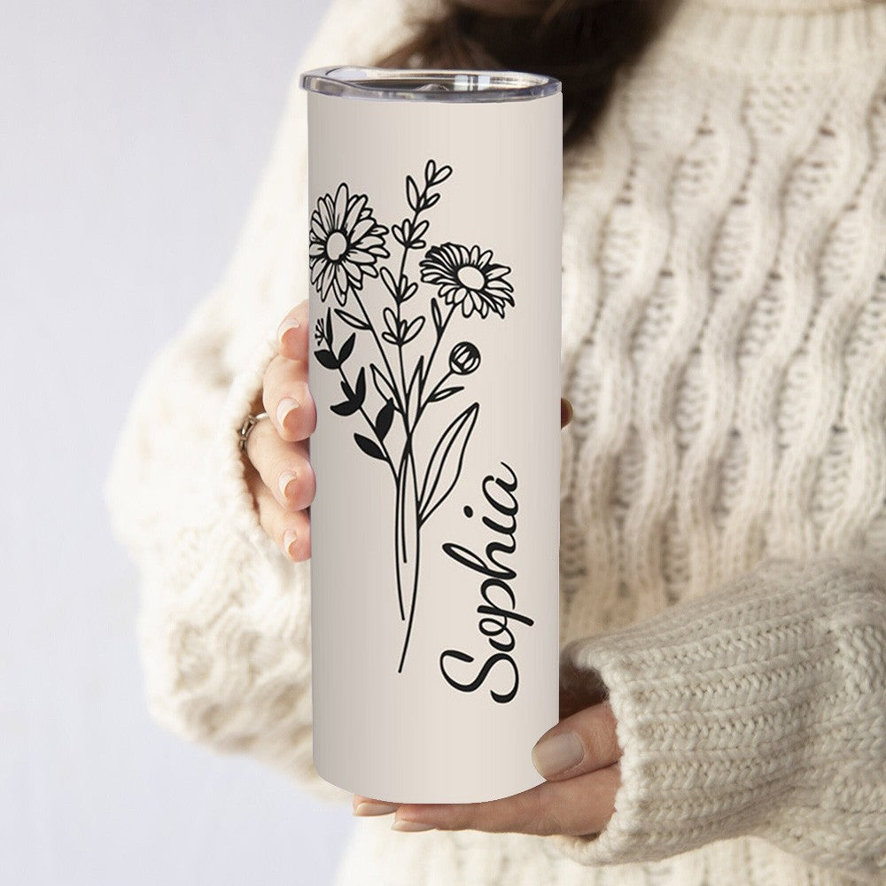 Personalized Birth Flower Tumbler, Stainless Steel 20oz Birth Flower Travel Mug with Straw, Birthday/Mother's Day Gift for Family/Friends/Bridesmaids