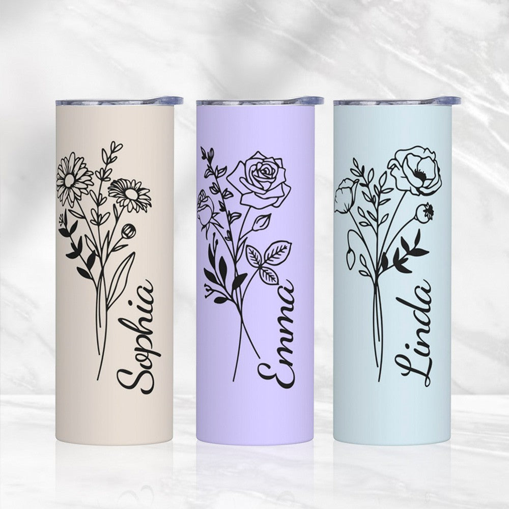Personalized Birth Flower Tumbler, Stainless Steel 20oz Birth Flower Travel Mug with Straw, Birthday/Mother's Day Gift for Family/Friends/Bridesmaids