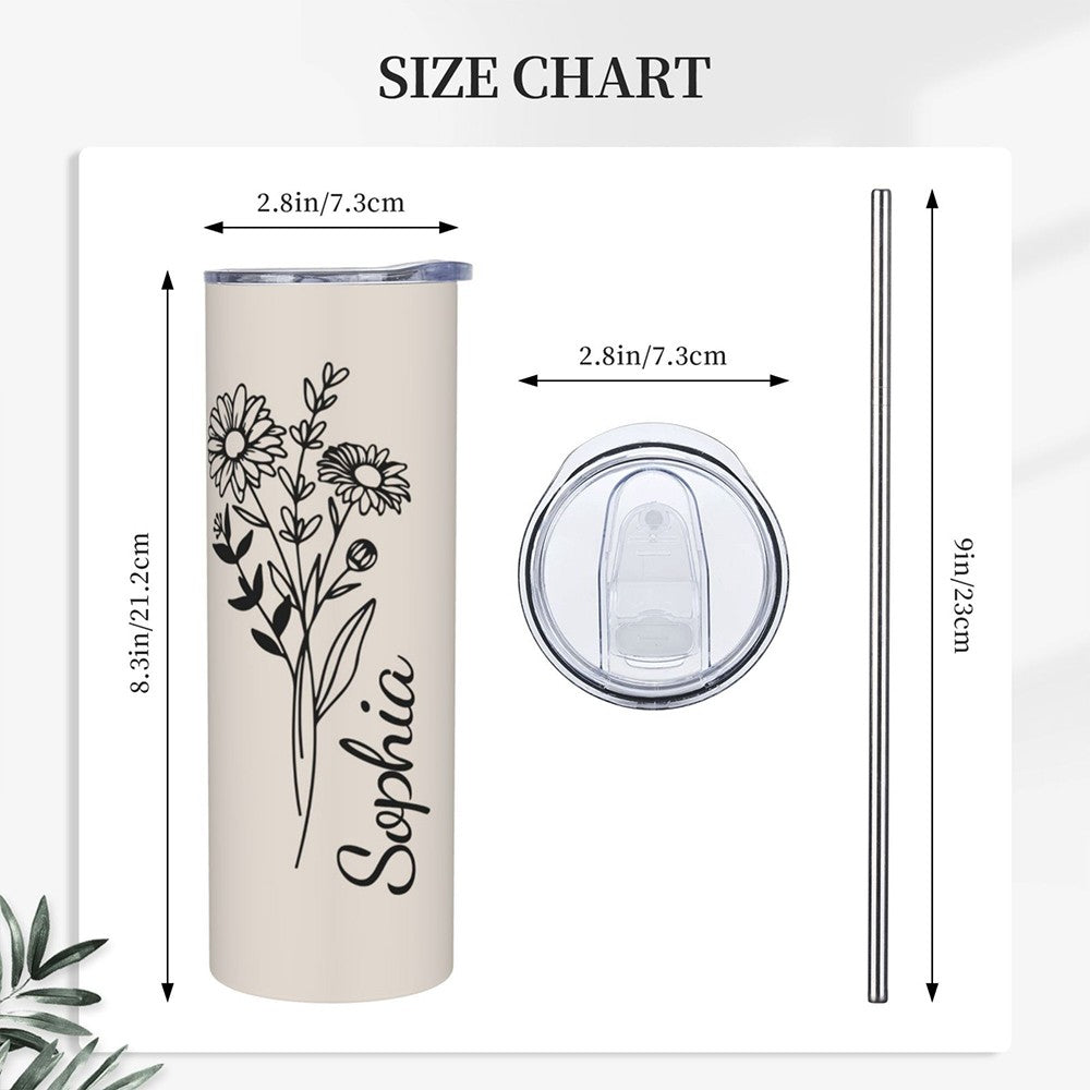 Personalized Birth Flower Tumbler, Stainless Steel 20oz Birth Flower Travel Mug with Straw, Birthday/Mother's Day Gift for Family/Friends/Bridesmaids
