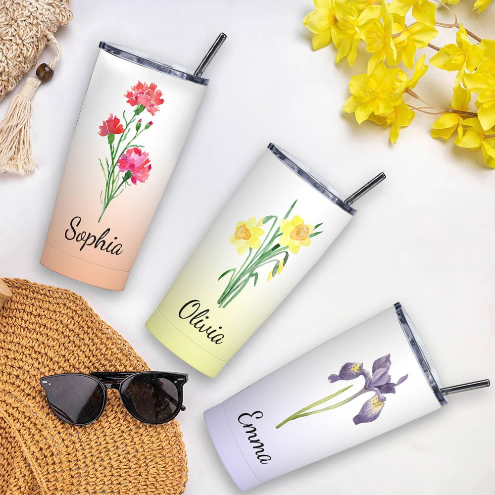 Personalized Watercolor Birth Flower Gradient Tumbler, Stainless Steel 20oz Birth Flower Travel Mug with Straw, Gift for Family/Friends/Bridesmaids