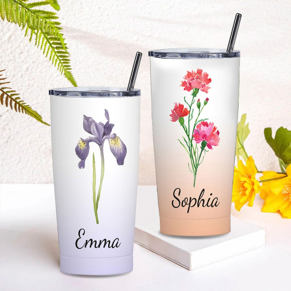 Personalized Watercolor Birth Flower Gradient Tumbler, Stainless Steel 20oz Birth Flower Travel Mug with Straw, Gift for Family/Friends/Bridesmaids
