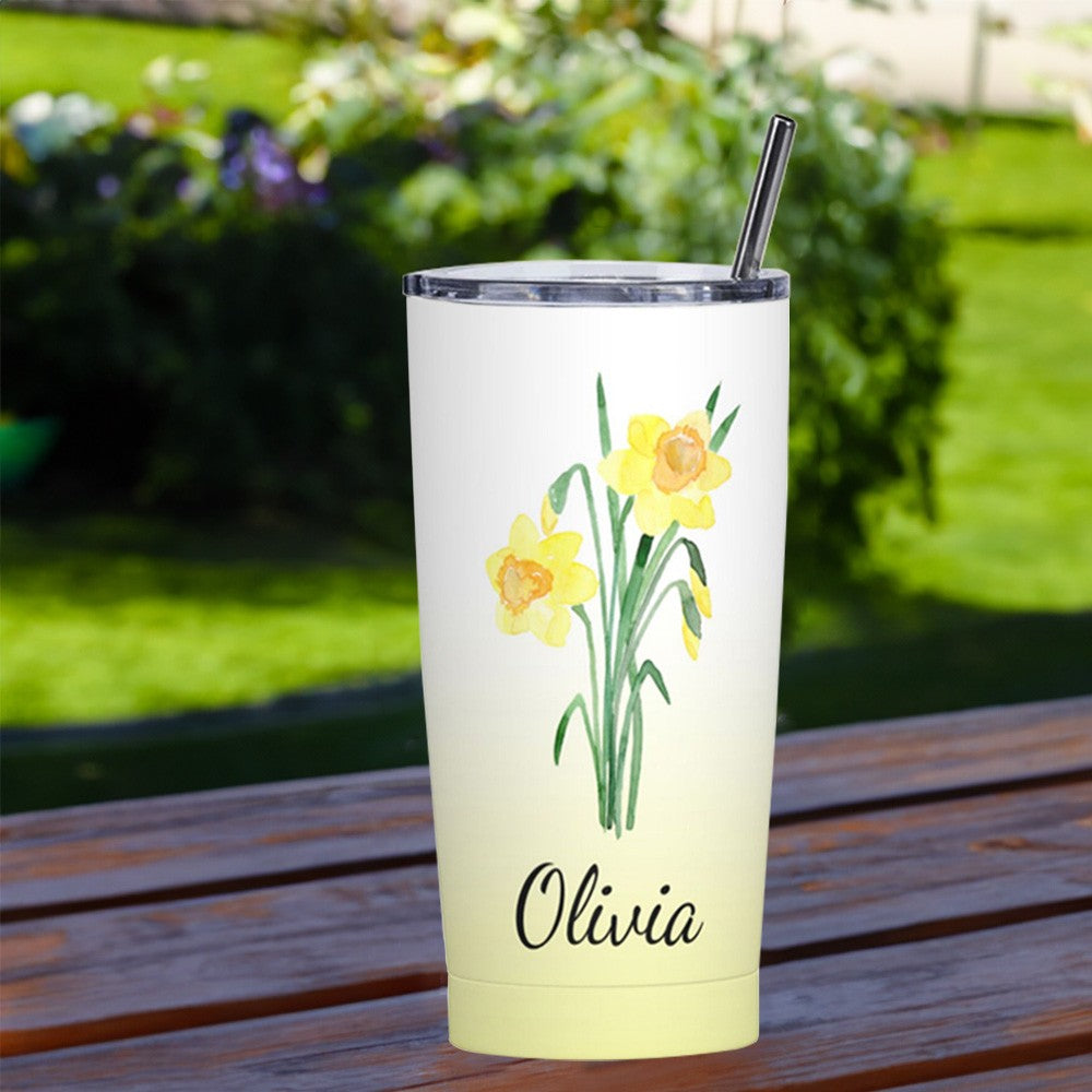 Personalized Watercolor Birth Flower Gradient Tumbler, Stainless Steel 20oz Birth Flower Travel Mug with Straw, Gift for Family/Friends/Bridesmaids
