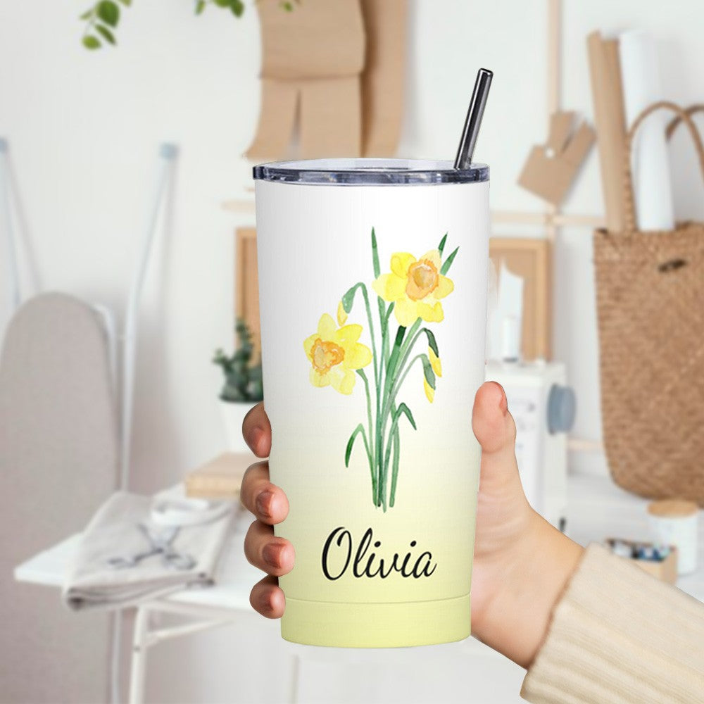 Personalized Watercolor Birth Flower Gradient Tumbler, Stainless Steel 20oz Birth Flower Travel Mug with Straw, Gift for Family/Friends/Bridesmaids