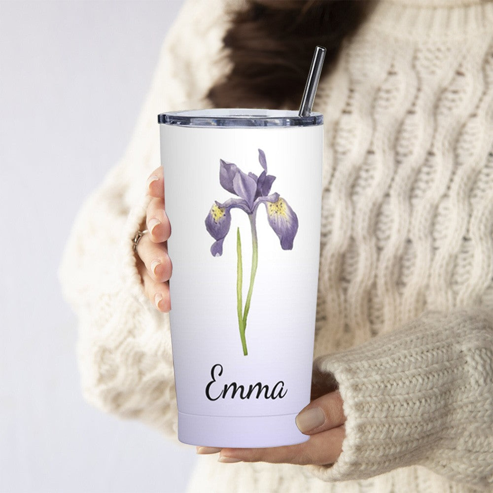 Personalized Watercolor Birth Flower Gradient Tumbler, Stainless Steel 20oz Birth Flower Travel Mug with Straw, Gift for Family/Friends/Bridesmaids