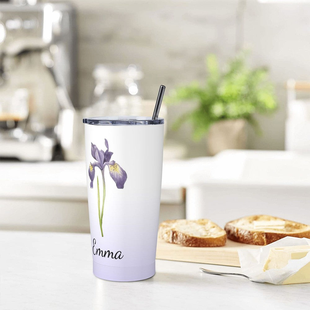 Personalized Watercolor Birth Flower Gradient Tumbler, Stainless Steel 20oz Birth Flower Travel Mug with Straw, Gift for Family/Friends/Bridesmaids