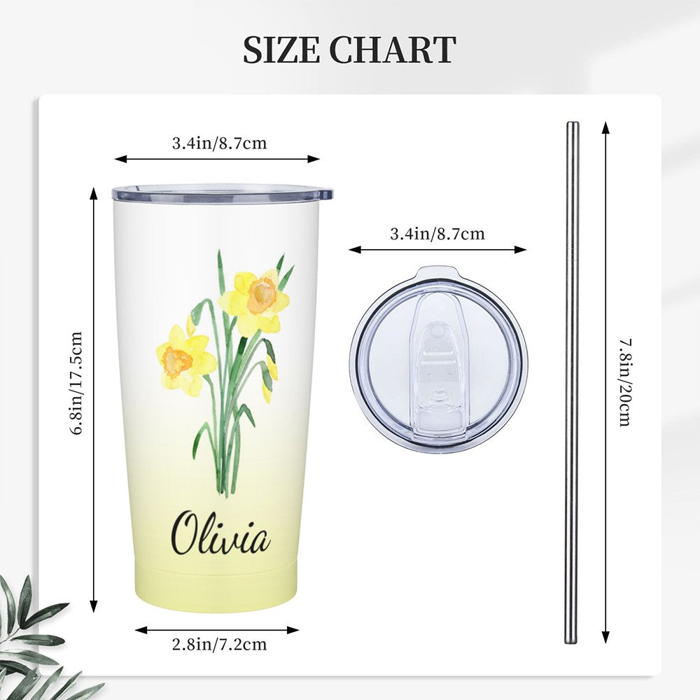 Personalized Watercolor Birth Flower Gradient Tumbler, Stainless Steel 20oz Birth Flower Travel Mug with Straw, Gift for Family/Friends/Bridesmaids