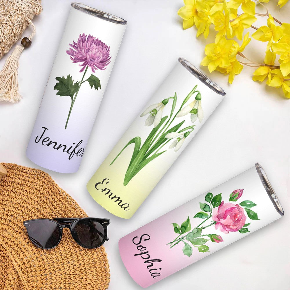 Custom Name Watercolor Birth Flower Gradient Tumbler, Stainless Steel 20oz Birth Flower Travel Mug with Straw, Gift for Family/Friends/Bridesmaids