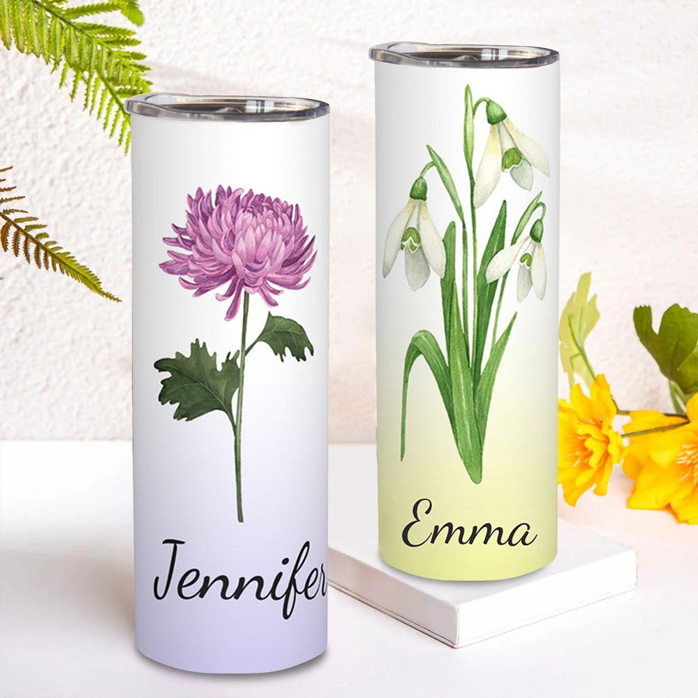 Custom Name Watercolor Birth Flower Gradient Tumbler, Stainless Steel 20oz Birth Flower Travel Mug with Straw, Gift for Family/Friends/Bridesmaids