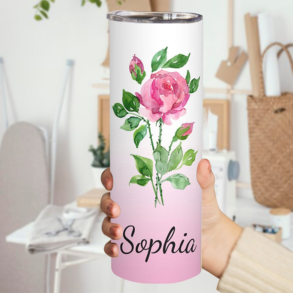 Custom Name Watercolor Birth Flower Gradient Tumbler, Stainless Steel 20oz Birth Flower Travel Mug with Straw, Gift for Family/Friends/Bridesmaids