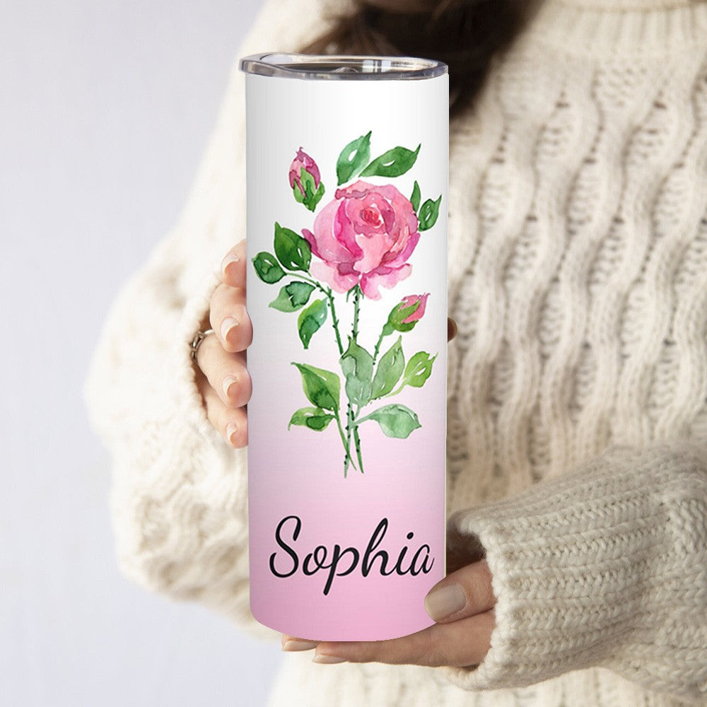 Custom Name Watercolor Birth Flower Gradient Tumbler, Stainless Steel 20oz Birth Flower Travel Mug with Straw, Gift for Family/Friends/Bridesmaids