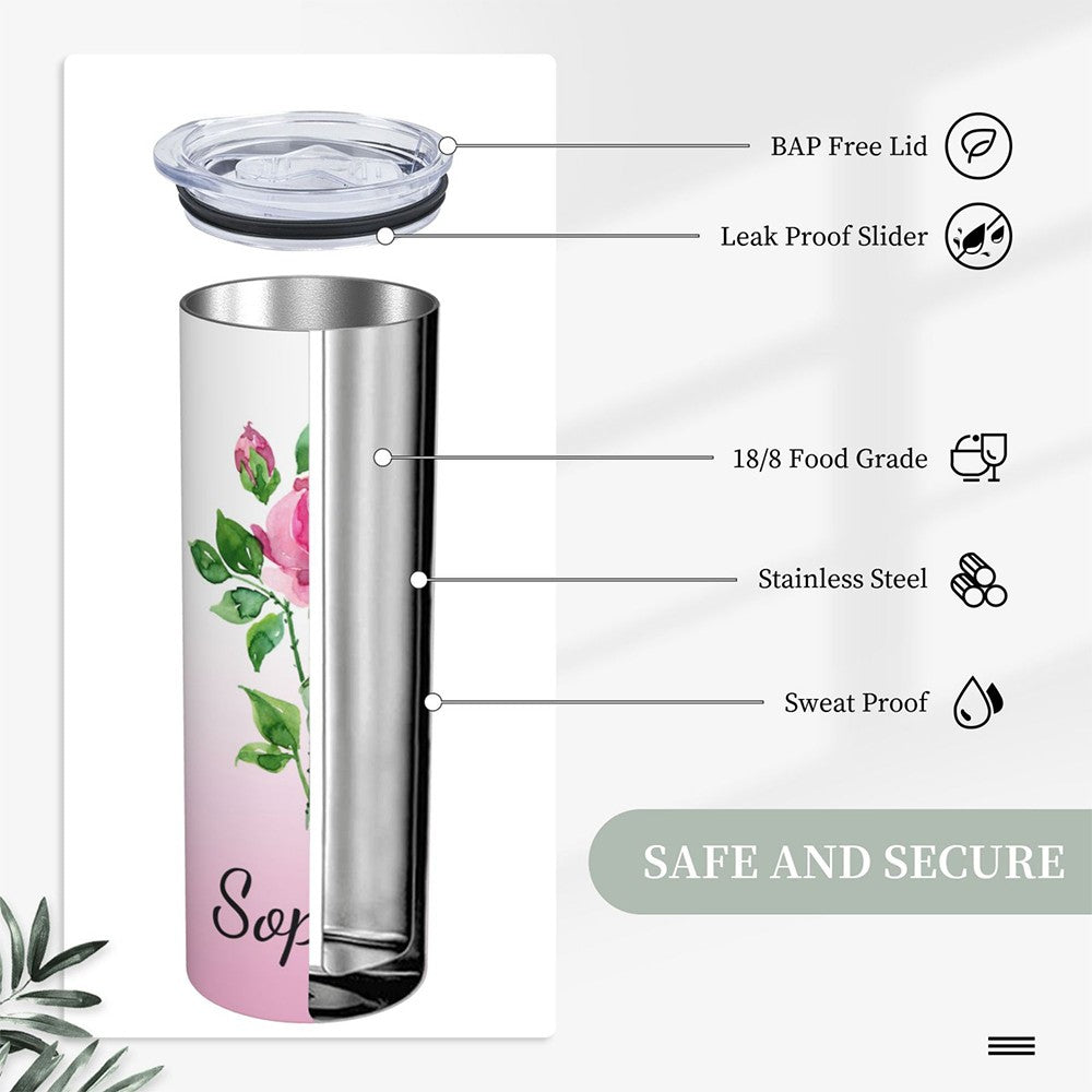 Custom Name Watercolor Birth Flower Gradient Tumbler, Stainless Steel 20oz Birth Flower Travel Mug with Straw, Gift for Family/Friends/Bridesmaids