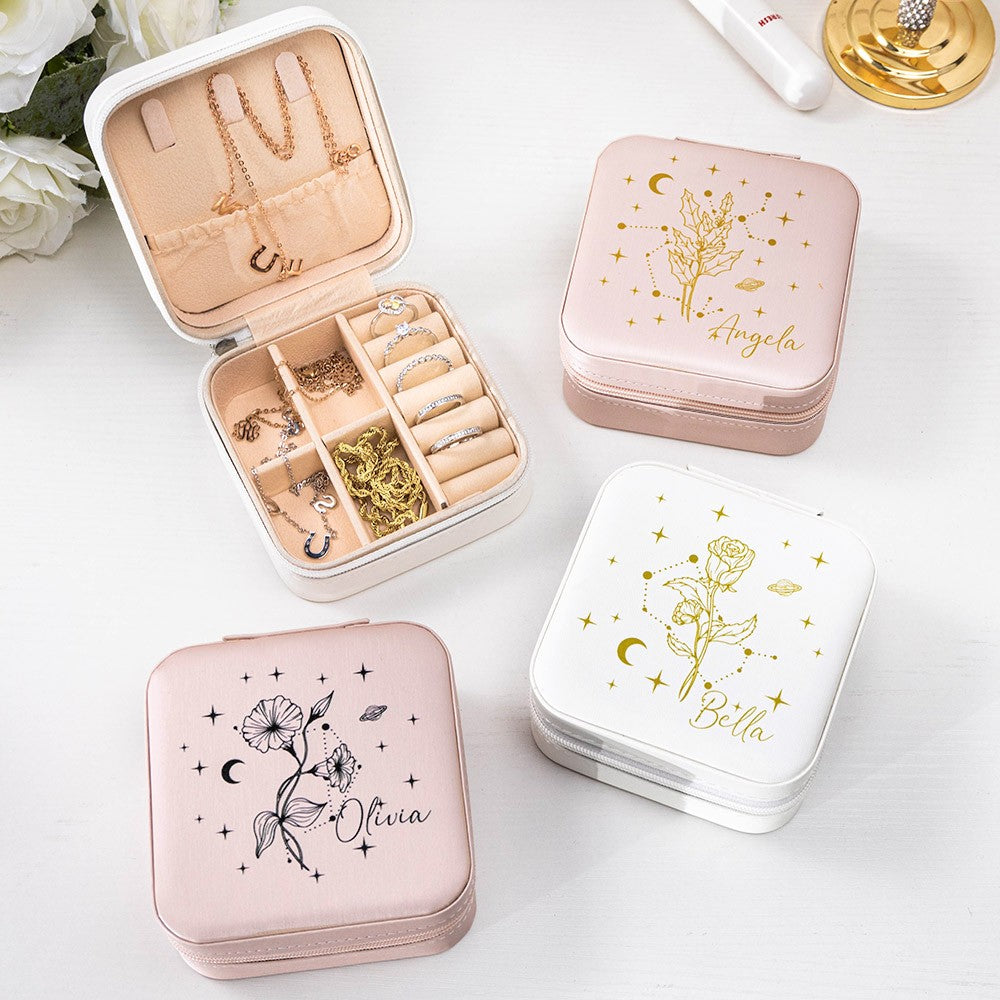 Custom Name Birth Flower Travel Jewelry Case, Personalized Zodiac Jewelry Box, Travel Accessories, Christmas/Birthday Gifts for Bridesmaid /Mom/Wife