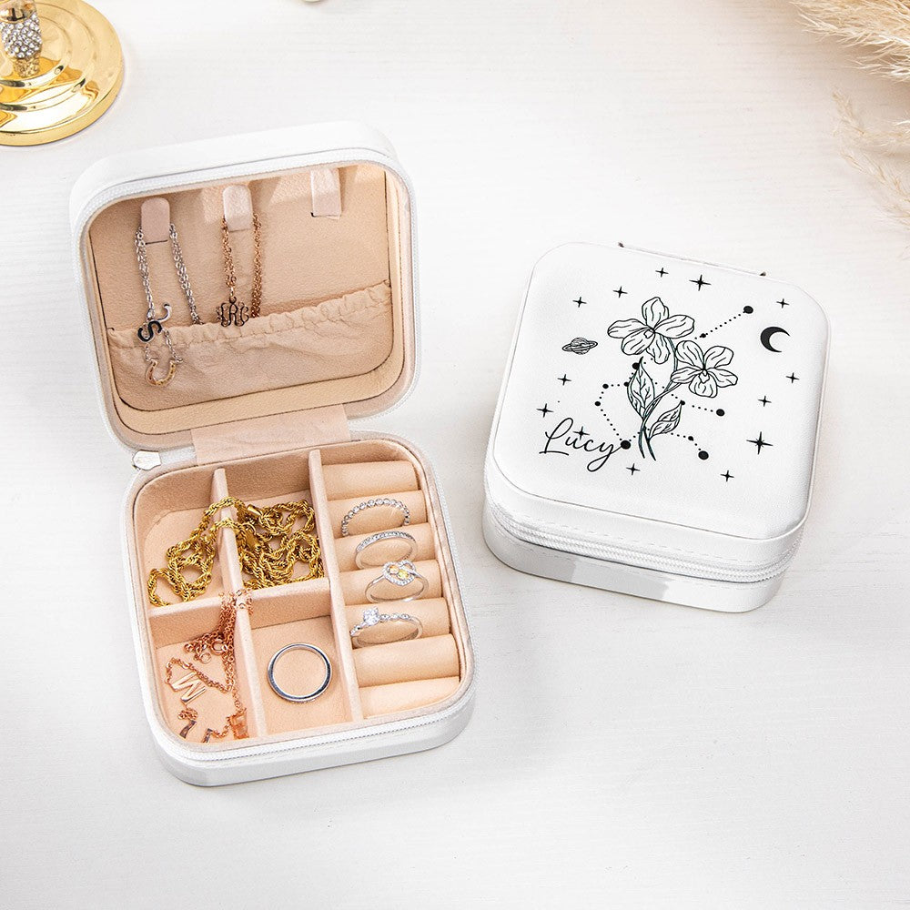 Custom Name Birth Flower Travel Jewelry Case, Personalized Zodiac Jewelry Box, Travel Accessories, Christmas/Birthday Gifts for Bridesmaid /Mom/Wife