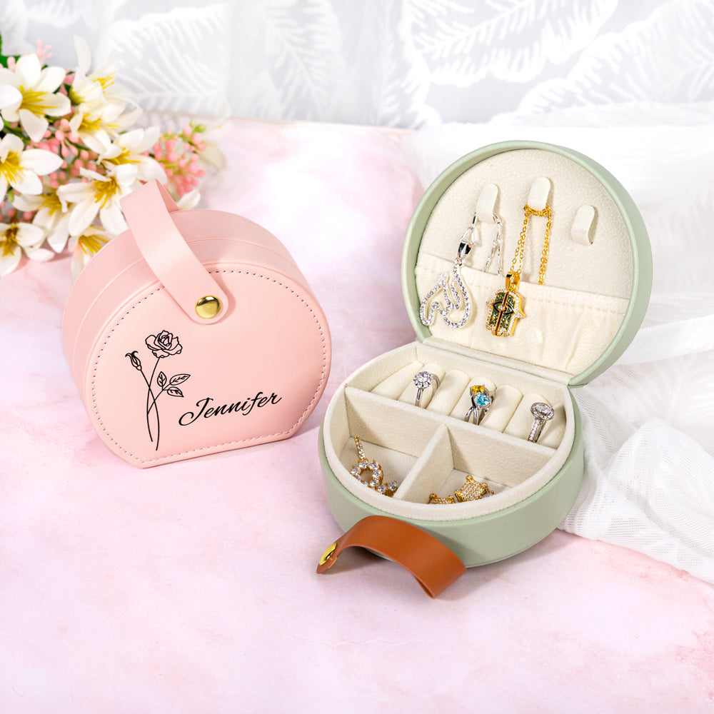 Custom Birth Flower & Name Hand-Held Jewelry Bag, Personalized Portable Floral Travel Jewelry Case, Birthday/Wedding/Anniversary Gift for Women/Her