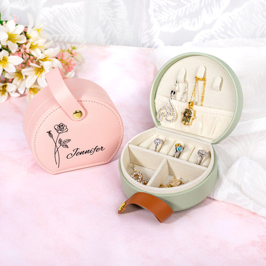 Custom Birth Flower & Name Hand-Held Jewelry Bag, Personalized Portable Floral Travel Jewelry Case, Birthday/Wedding/Anniversary Gift for Women/Her