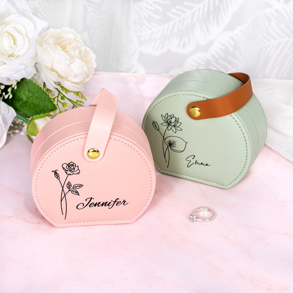 Custom Birth Flower & Name Hand-Held Jewelry Bag, Personalized Portable Floral Travel Jewelry Case, Birthday/Wedding/Anniversary Gift for Women/Her