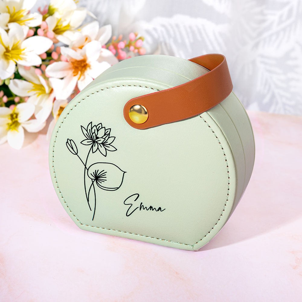 Custom Birth Flower & Name Hand-Held Jewelry Bag, Personalized Portable Floral Travel Jewelry Case, Birthday/Wedding/Anniversary Gift for Women/Her