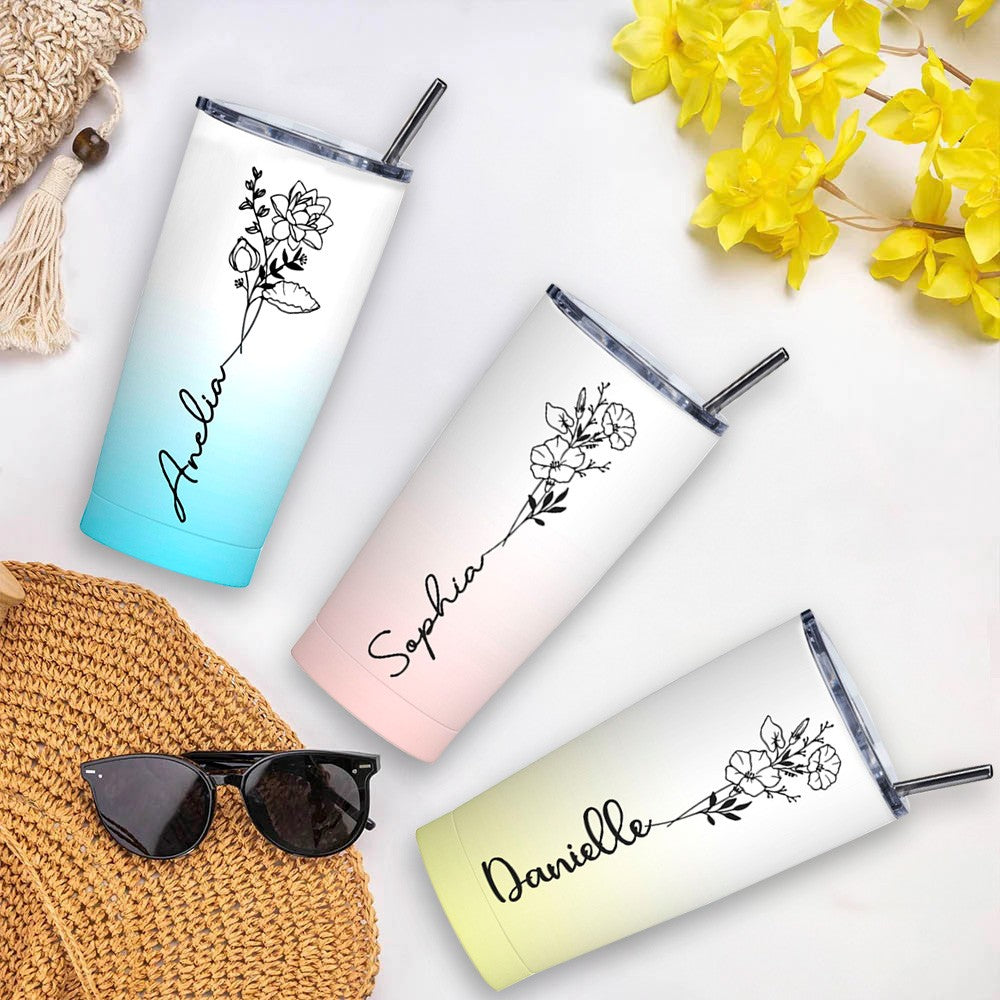 Personalized Birth Flower Gradient Tumbler with Name, 20oz Stainless Steel Travel Tumbler with Straw & Lid, Gifts for Bridesmaids/Best Friends/Sisters
