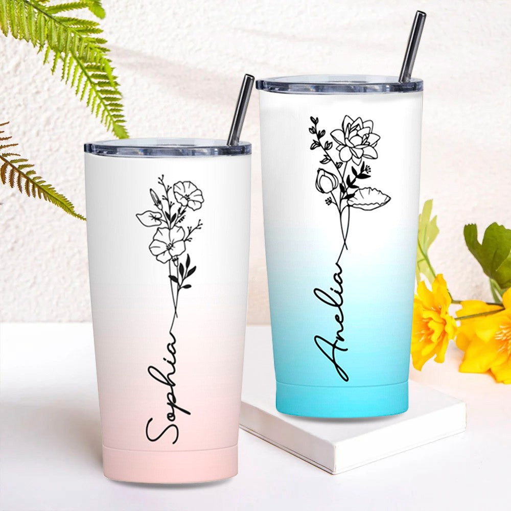 Personalized Birth Flower Gradient Tumbler with Name, 20oz Stainless Steel Travel Tumbler with Straw & Lid, Gifts for Bridesmaids/Best Friends/Sisters