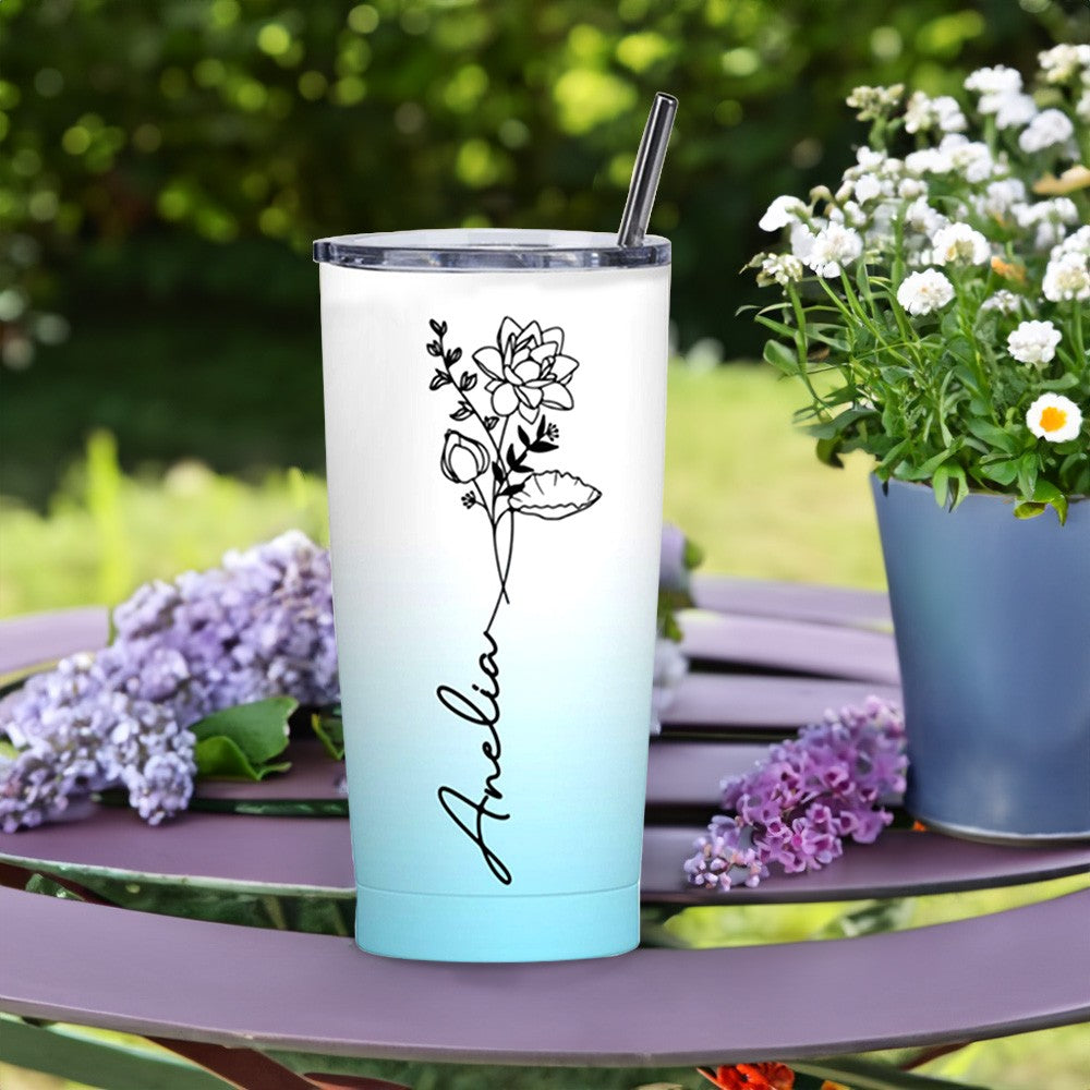 Personalized Birth Flower Gradient Tumbler with Name, 20oz Stainless Steel Travel Tumbler with Straw & Lid, Gifts for Bridesmaids/Best Friends/Sisters