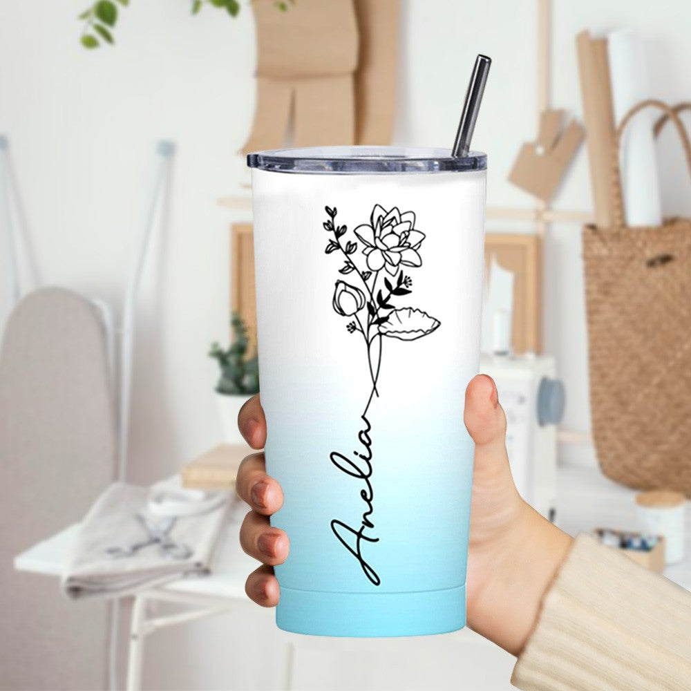 Personalized Birth Flower Gradient Tumbler with Name, 20oz Stainless Steel Travel Tumbler with Straw & Lid, Gifts for Bridesmaids/Best Friends/Sisters