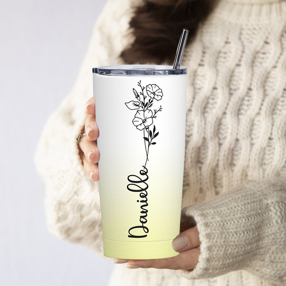 Personalized Birth Flower Gradient Tumbler with Name, 20oz Stainless Steel Travel Tumbler with Straw & Lid, Gifts for Bridesmaids/Best Friends/Sisters