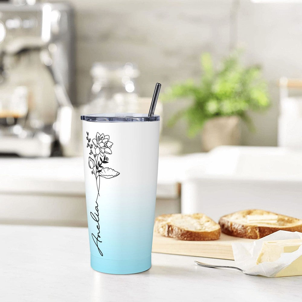 Personalized Birth Flower Gradient Tumbler with Name, 20oz Stainless Steel Travel Tumbler with Straw & Lid, Gifts for Bridesmaids/Best Friends/Sisters