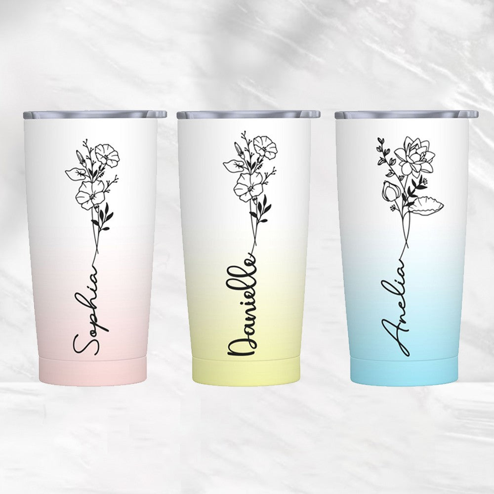 Personalized Birth Flower Gradient Tumbler with Name, 20oz Stainless Steel Travel Tumbler with Straw & Lid, Gifts for Bridesmaids/Best Friends/Sisters