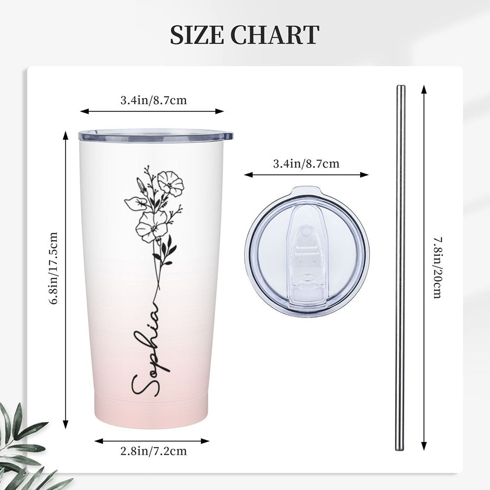 Personalized Birth Flower Gradient Tumbler with Name, 20oz Stainless Steel Travel Tumbler with Straw & Lid, Gifts for Bridesmaids/Best Friends/Sisters