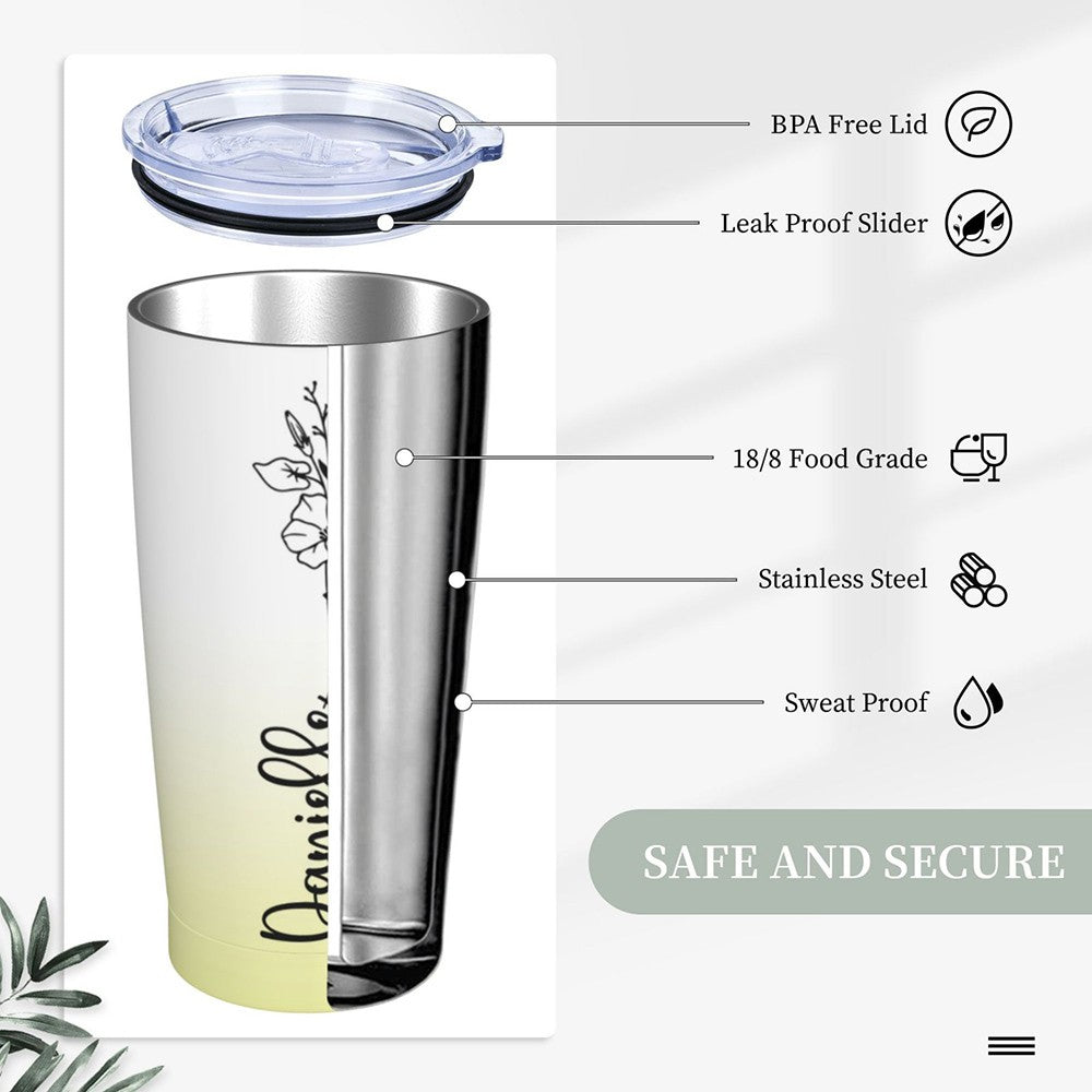 Personalized Birth Flower Gradient Tumbler with Name, 20oz Stainless Steel Travel Tumbler with Straw & Lid, Gifts for Bridesmaids/Best Friends/Sisters