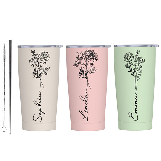Personalized Birth Flower & Name Tumbler, 20oz Bouquet Travel Tumbler with Straw and Lid, Mother's Day/Birthday/Wedding Gift for Her/Women/Friends