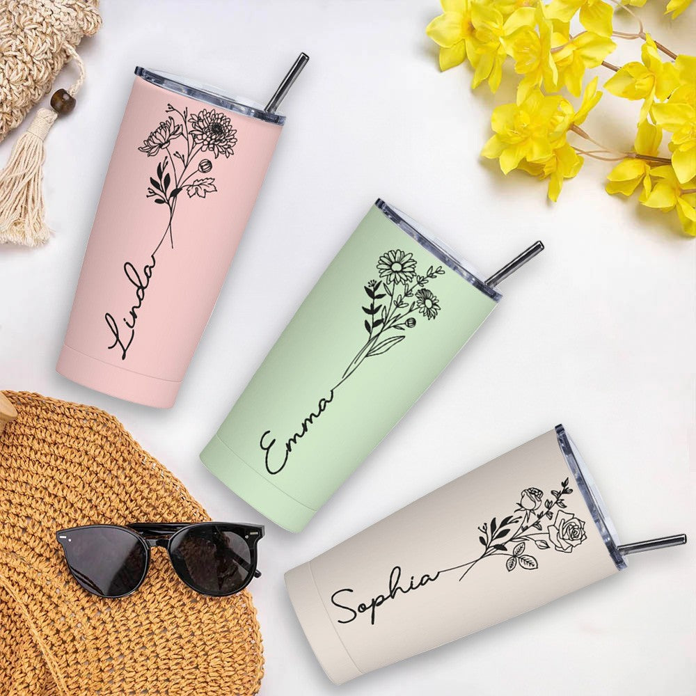 Personalized Birth Flower & Name Tumbler, 20oz Bouquet Travel Tumbler with Straw and Lid, Mother's Day/Birthday/Wedding Gift for Her/Women/Friends