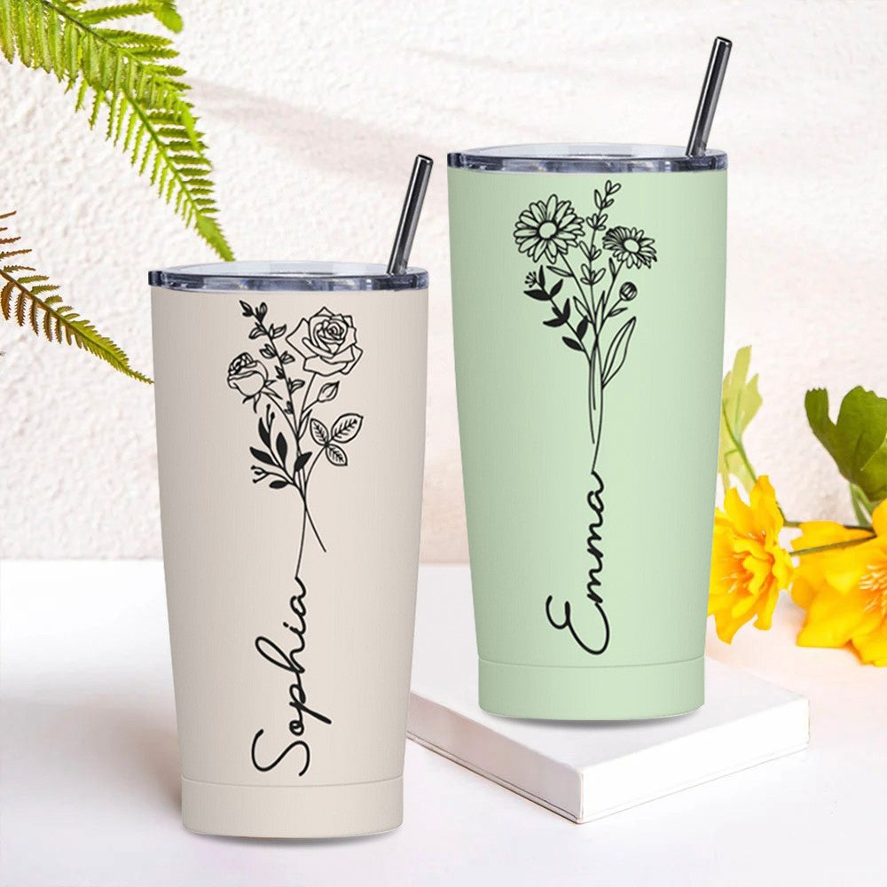 Personalized Birth Flower & Name Tumbler, 20oz Bouquet Travel Tumbler with Straw and Lid, Mother's Day/Birthday/Wedding Gift for Her/Women/Friends