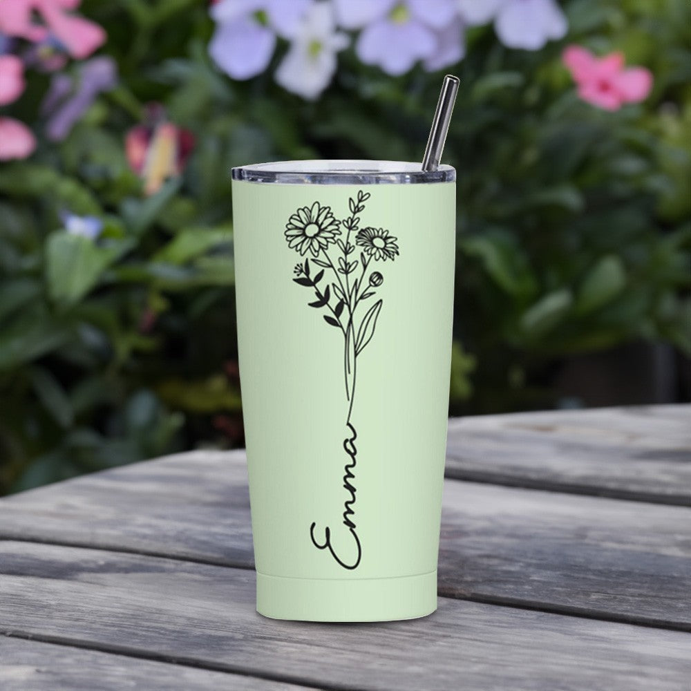 Personalized Birth Flower & Name Tumbler, 20oz Bouquet Travel Tumbler with Straw and Lid, Mother's Day/Birthday/Wedding Gift for Her/Women/Friends